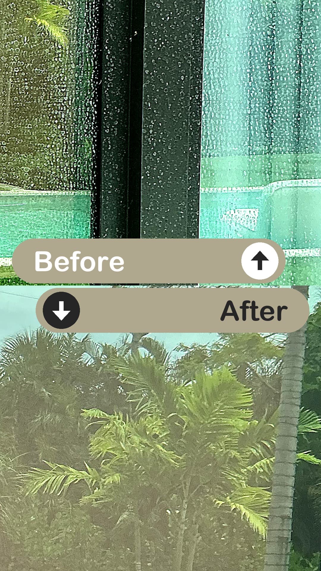 Before and after — hard-water film and grime removed from a Florida sliding-glass door, restoring a clear view
